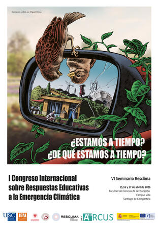 Cartel para o I Congreso internacional sobre respostas educativas á emerxencia climática. Ilustración de Miguel Brieva