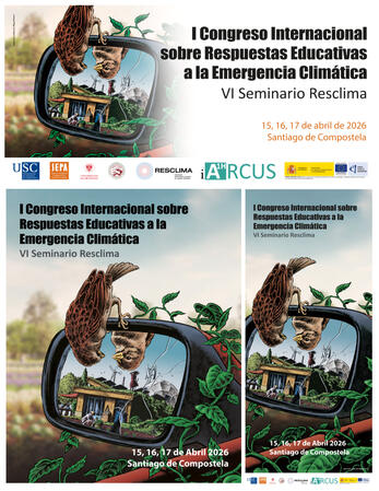 Lona, Roll-up e publicación para redes Adaptacións para o I Congreso internacional sobre respostas educativas á emerxencia climática. Ilustración de Miguel Brieva